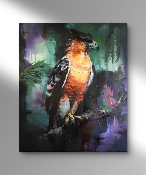 Higher Self original oil painting by Rebecca MacLeod displayed on a white gallery wall