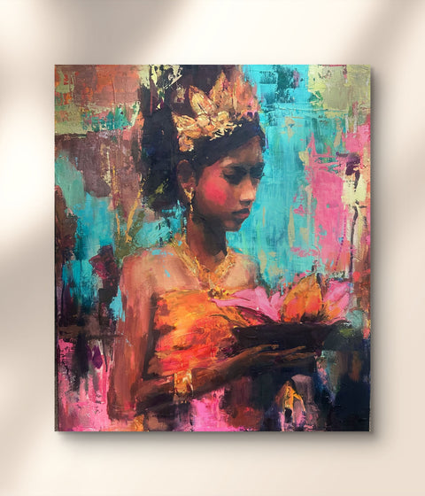 Offering, original oil painting by Rebecca MacLeod displayed on a white gallery wall