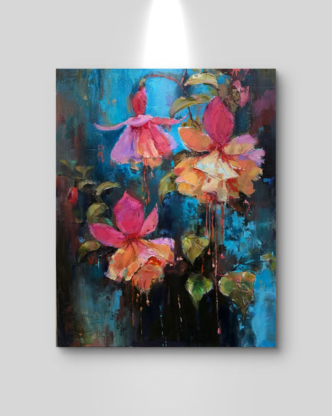 Fairy Earrings, original oil painting by Rebecca MacLeod displayed on a white gallery wall