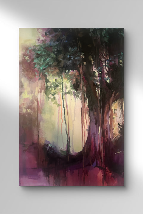 Kosmik Guardian, original oil painting by Rebecca MacLeod displayed on a white gallery wall