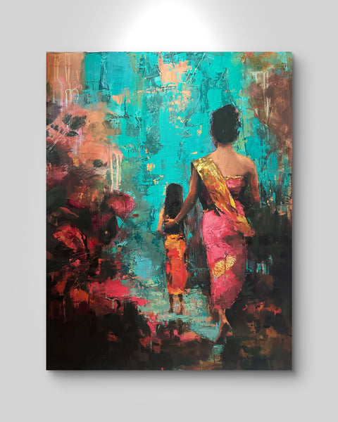 Mama Bali, original oil painting by Rebecca MacLeod displayed on a white gallery wall