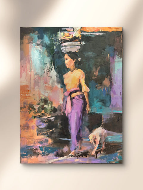 Penunggu, original oil painting by Rebecca MacLeod displayed on a white gallery wall