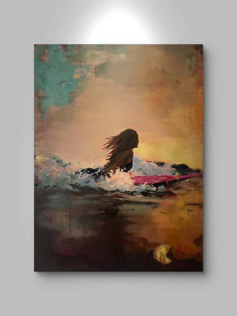 Surya Surf, original oil painting by Rebecca MacLeod displayed on a white gallery wall