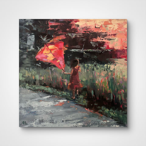 Untethered, original oil painting by Rebecca MacLeod displayed on a white gallery wall